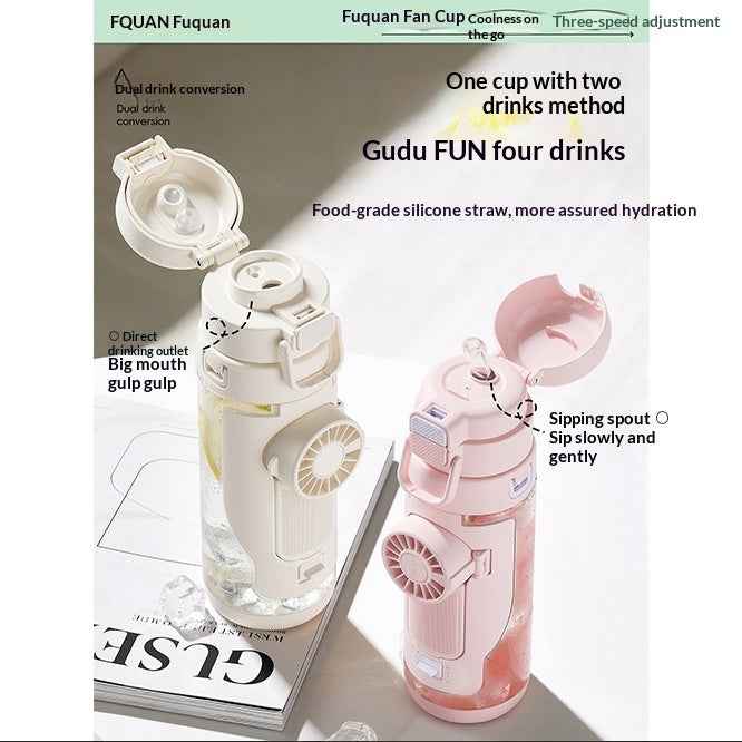 Cooling Sports Water Bottle With Dual Drinking Spouts And A Fan Cup