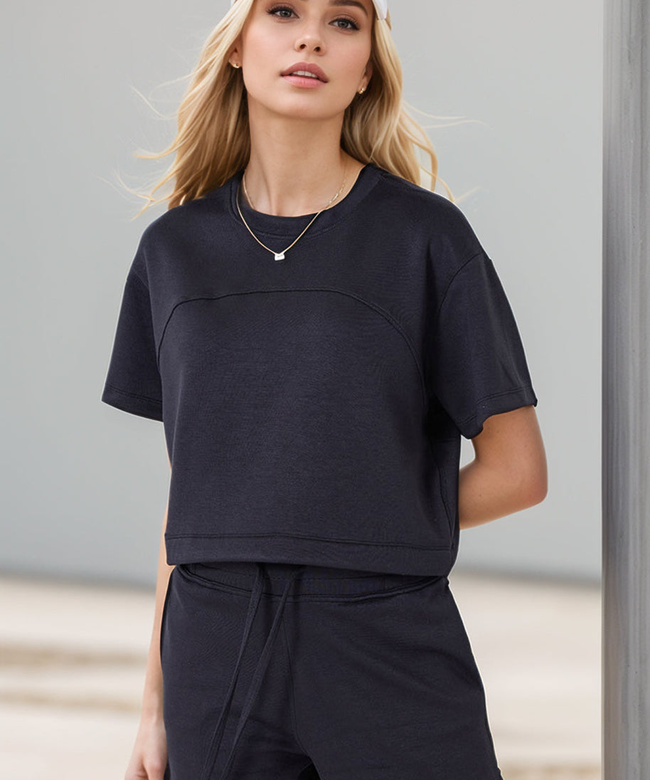 Basic Bae Drawstring Hem Air Scuba Round Neck Short Sleeve T-Shirt