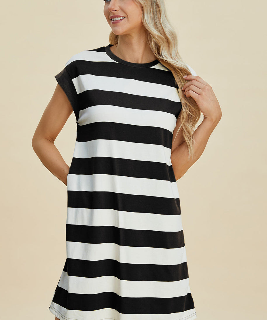 Basic Bae Full Size Striped Round Neck Cap Sleeve Mini Dress