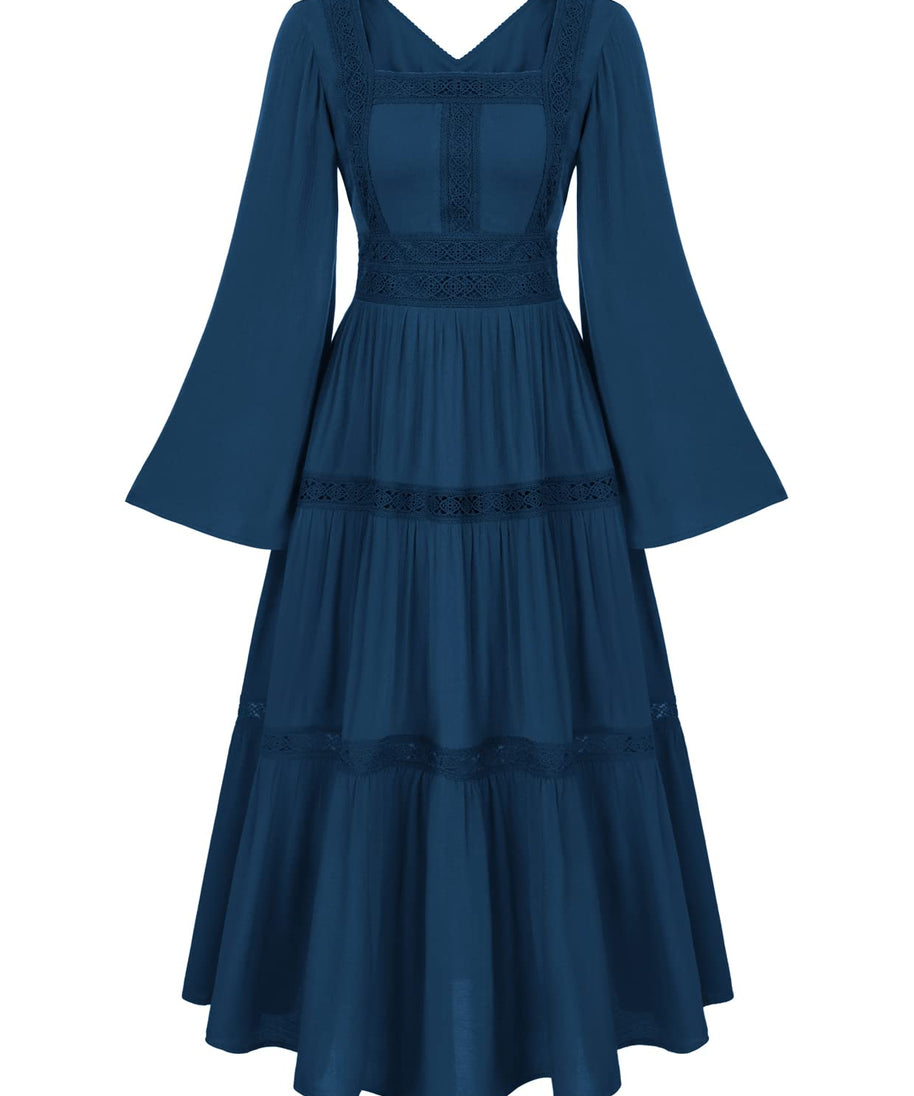 Scarlet Darkness Renaissance Costumes for Women Dress Fairy Bell Sleeve Chemise Peasant Dress Medieval Costume Long Dress Navy Blue XL
