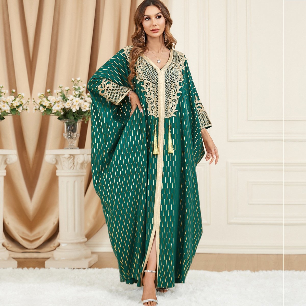 Plus Size Muslim Green Bow Tie Tassel Dress