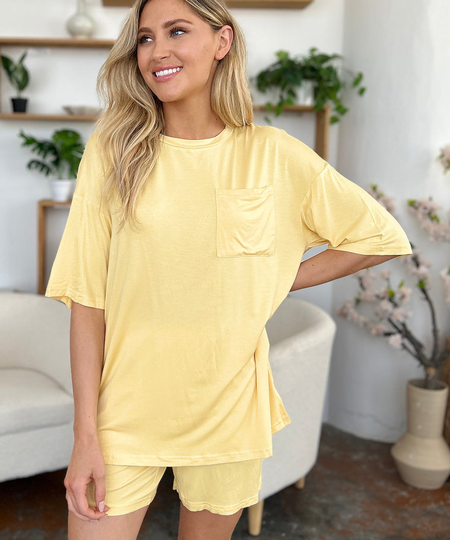 Basic Bae Bamboo Full Size Round Neck Drop Shoulder T-Shirt and Shorts Set