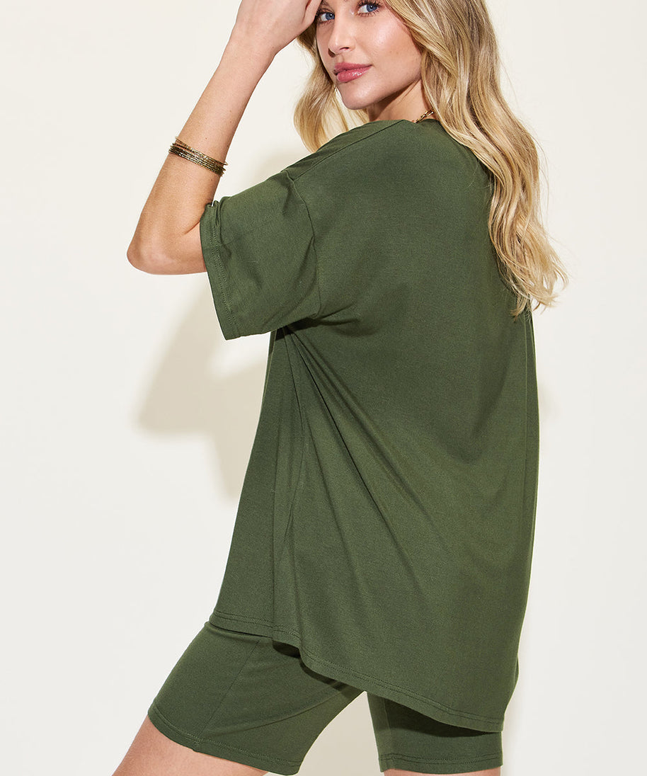 Basic Bae Full Size V-Neck Drop Shoulder T-Shirt and Shorts Set
