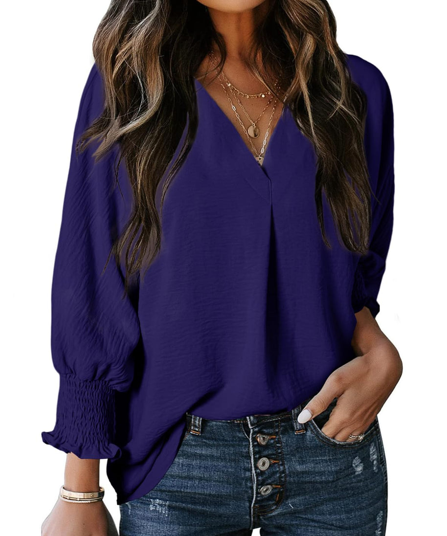 Dokotoo Womens Tops Spring Fashion 2024 Babydoll Tops V Neck Shirts Ladies Tops and Blouses Business Casual Tops 3/4 Sleeve Tops Dressy Blouse Womens Clothing Navy Blue Blouses for Women XXL