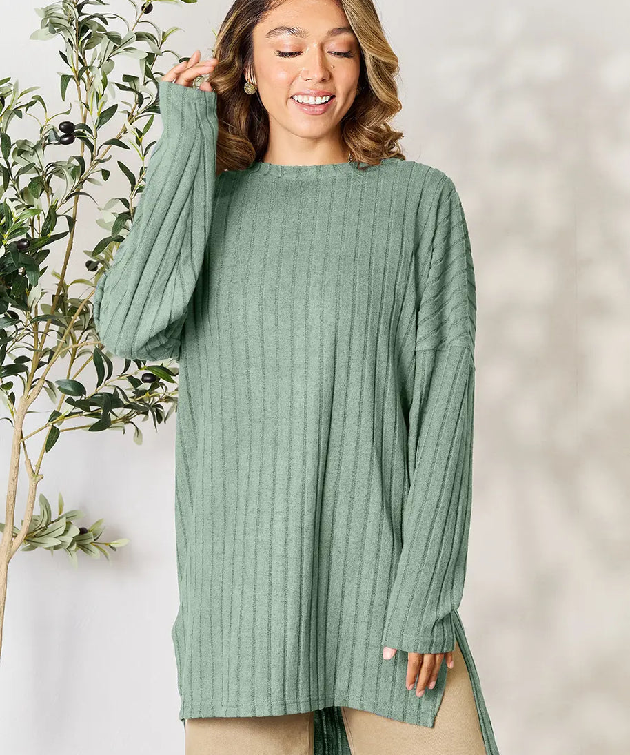 Basic Bae Full Size Ribbed Round Neck Long Sleeve Slit Top