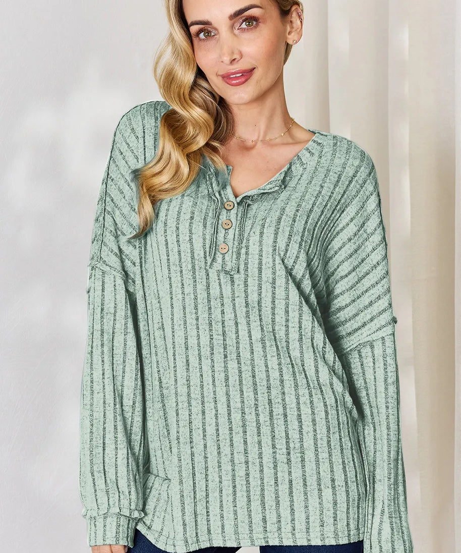 Basic Bae Full Size Ribbed Half Button Long Sleeve T-Shirt