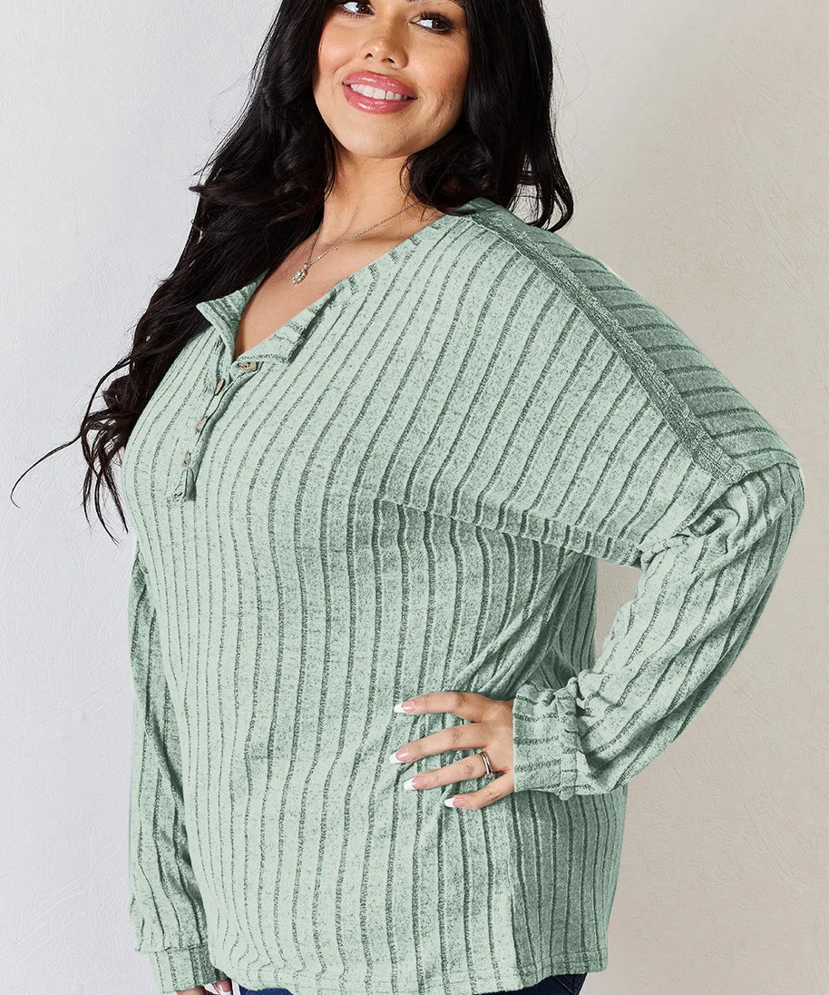 Basic Bae Full Size Ribbed Half Button Long Sleeve T-Shirt