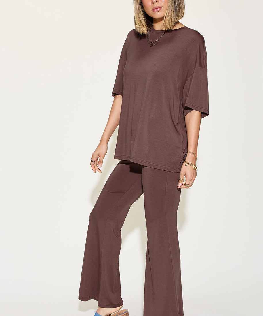 Basic Bae Full Size Bamboo Drop Shoulder T-Shirt and Flare Pants Set