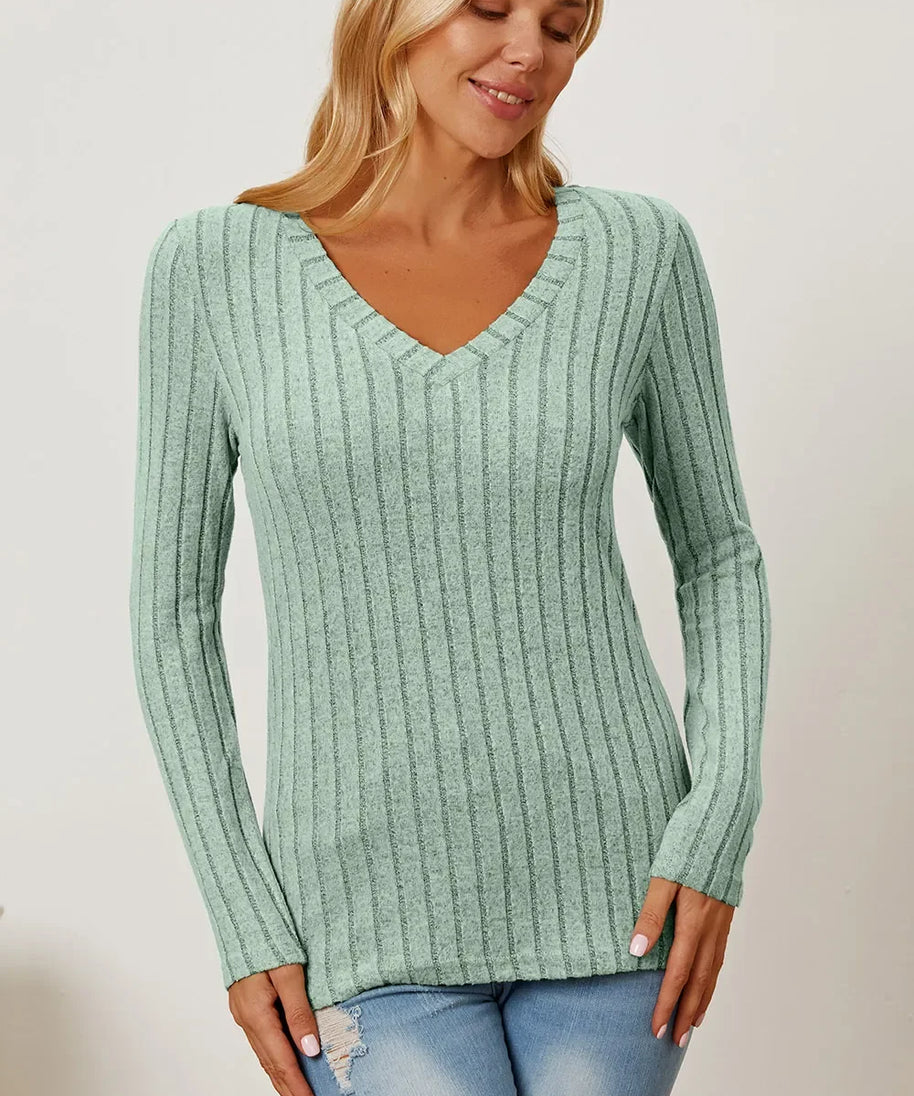 Basic Bae Full Size Ribbed V-Neck Long Sleeve T-Shirt