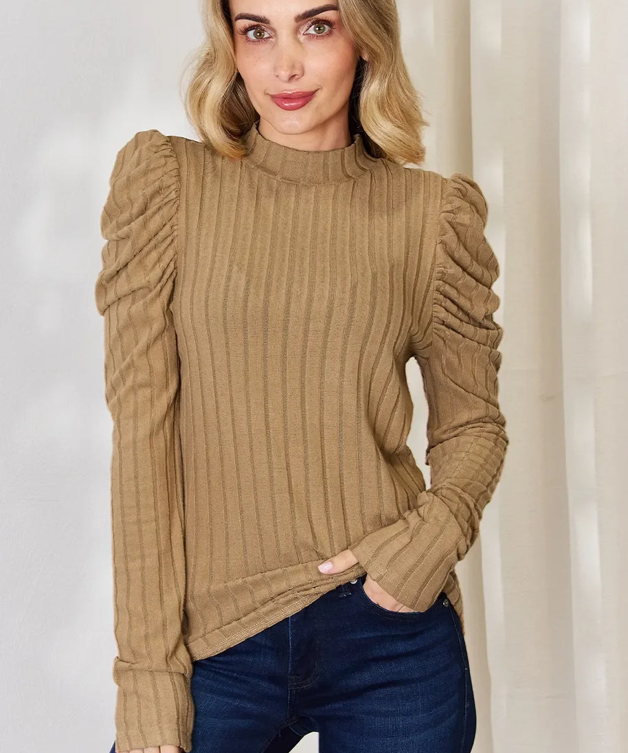 Basic Bae Full Size Ribbed Mock Neck Puff Sleeve T-Shirt