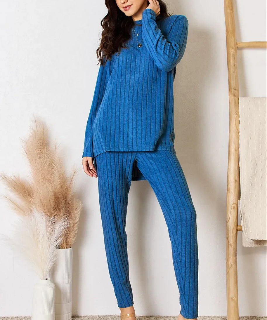 Basic Bae Full Size Ribbed Round Neck High-Low Slit Top and Pants Set