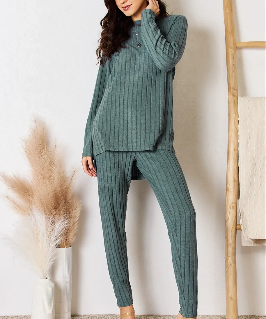 Basic Bae Full Size Ribbed Round Neck High-Low Slit Top and Pants Set