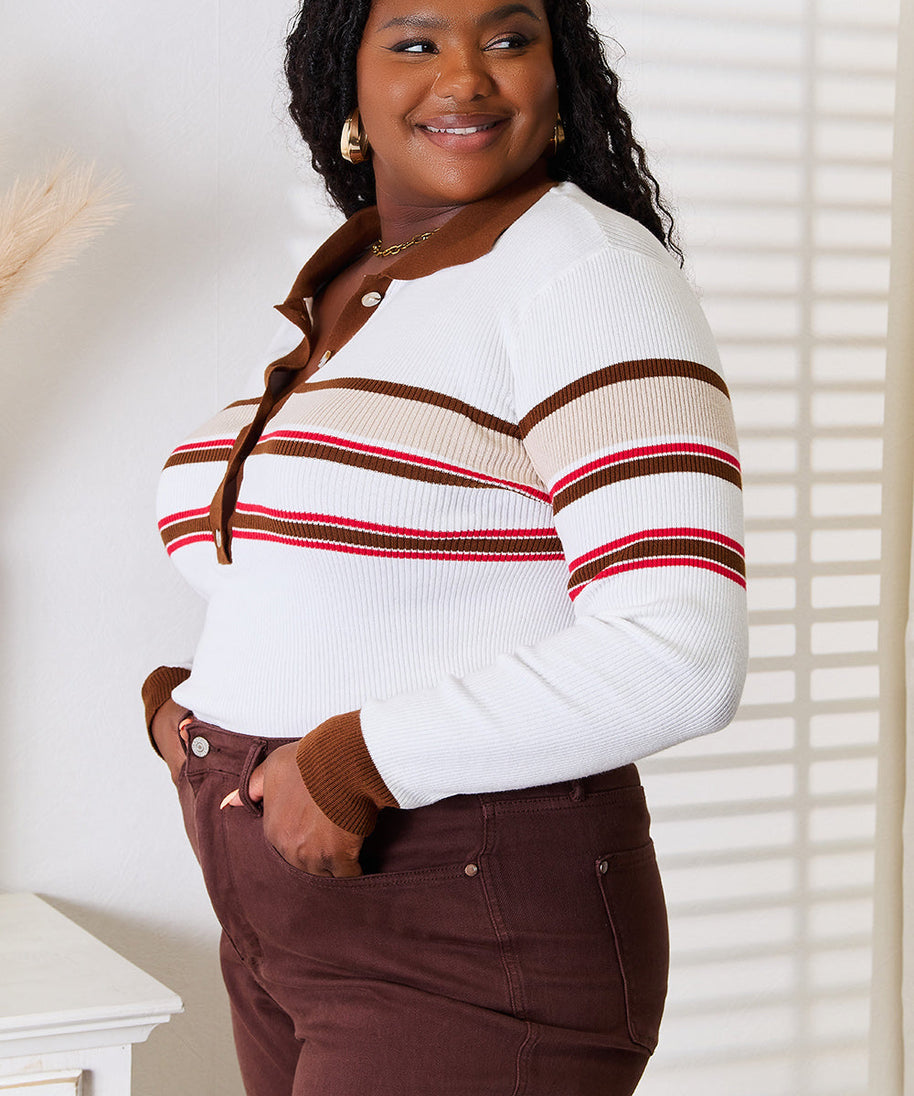 Basic Bae Striped Collared Neck Rib-Knit Top