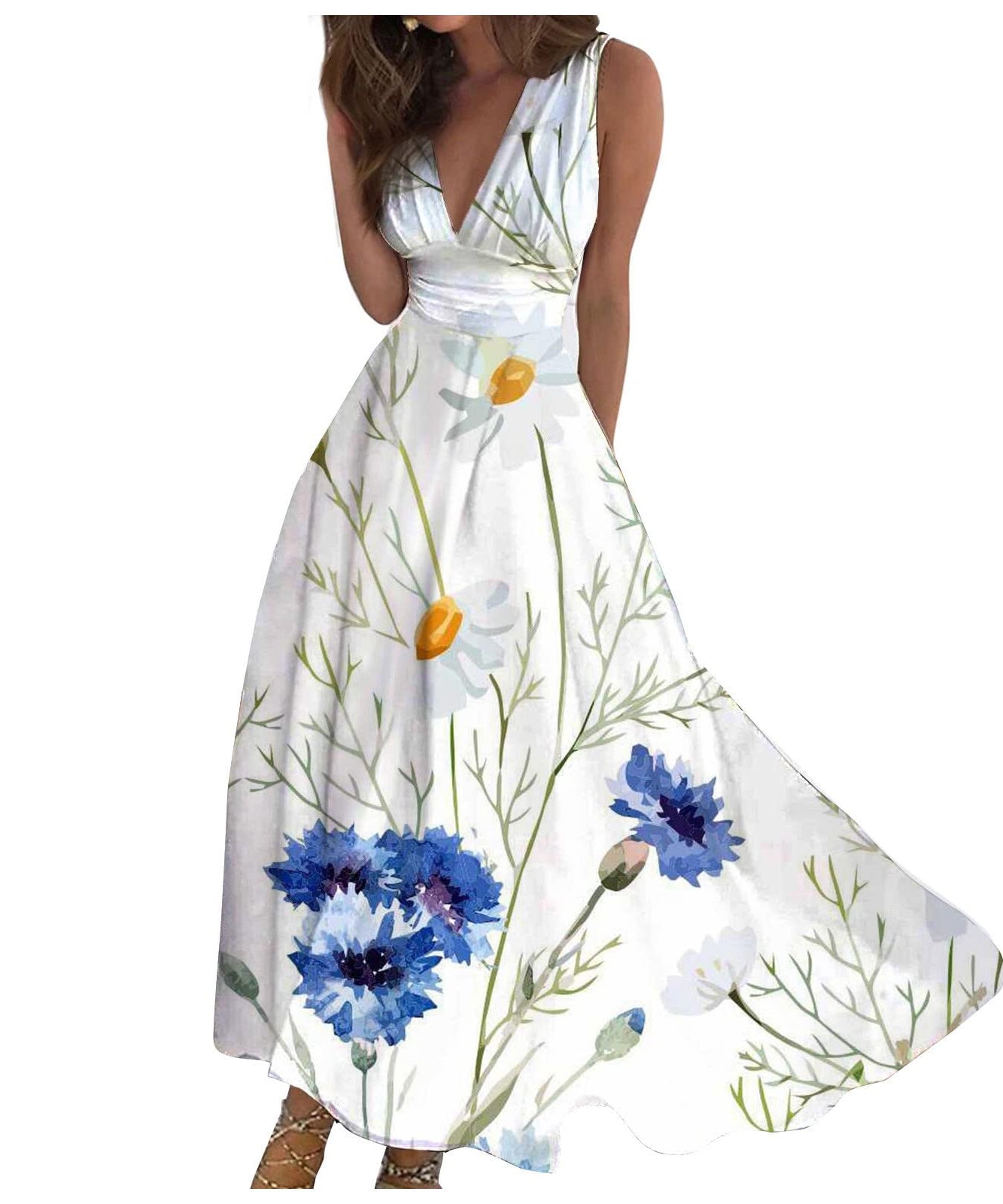 Sundresses for Women Floral Midi Dress for Women Short Prom Dresses for Women Trendy Elegant V Neck Wrap Floral Boho Dress Flowy Ruched Hawaiian Maxi Dress Dress Sets Light (2-Blue3X-L)