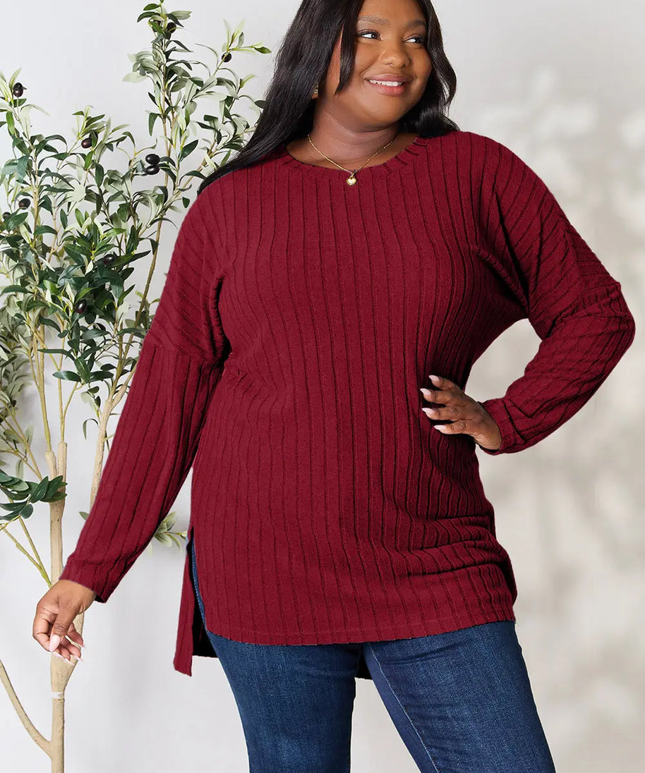 Basic Bae Full Size Ribbed Round Neck Long Sleeve Slit Top