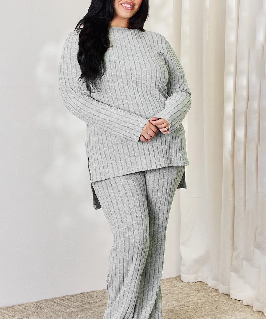 Basic Bae Full Size Ribbed High-Low Top and Wide Leg Pants Set