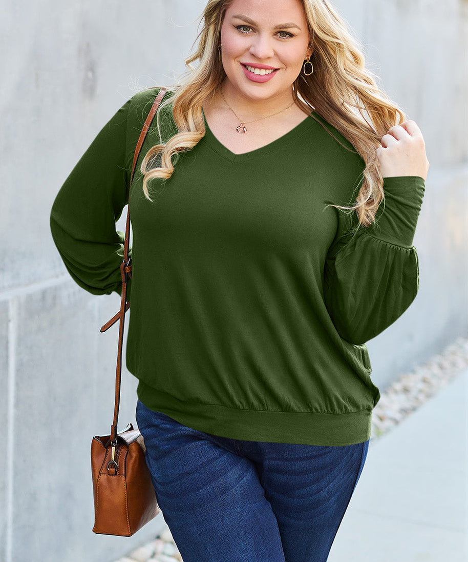 Basic Bae Full Size V-Neck Lantern Sleeve Top