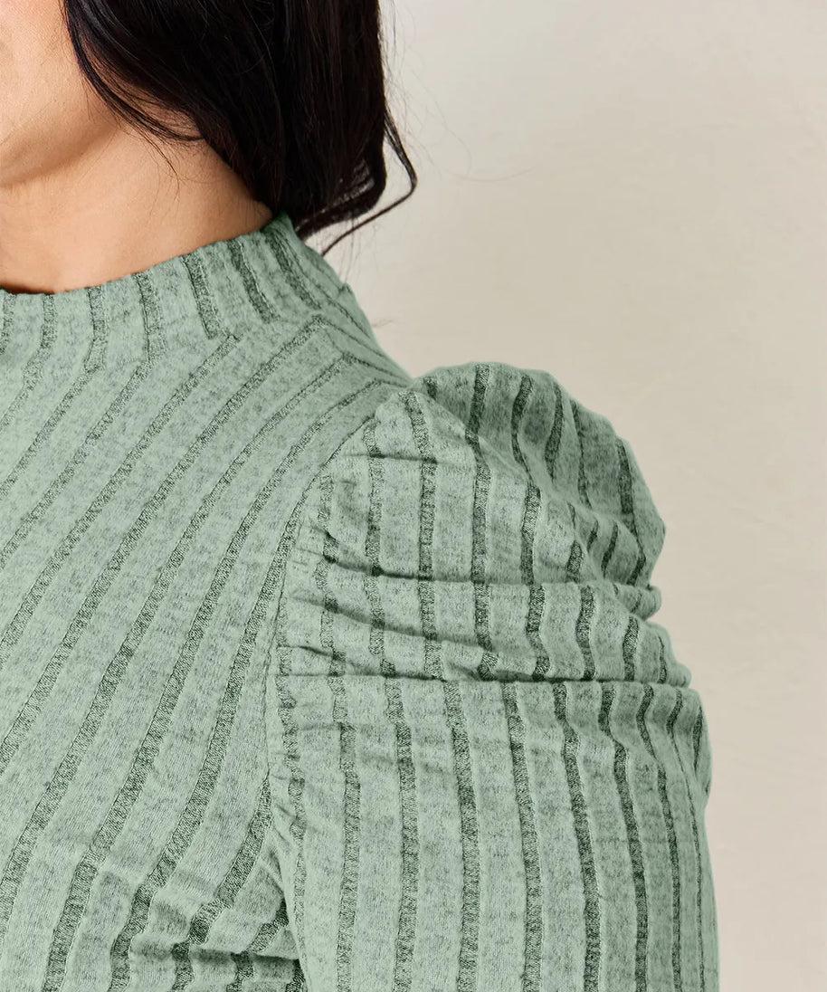 Basic Bae Full Size Ribbed Mock Neck Puff Sleeve T-Shirt