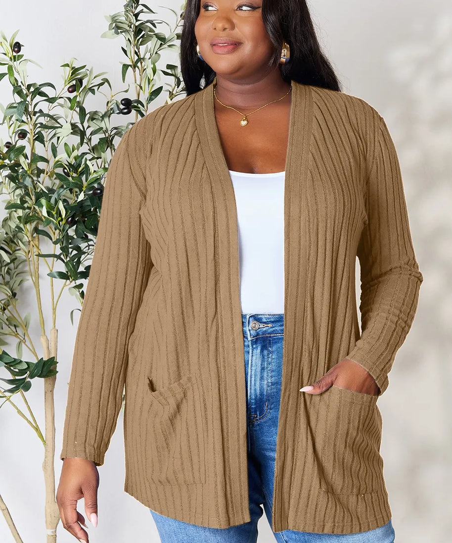 Basic Bae Full Size Ribbed Open Front Cardigan with Pockets