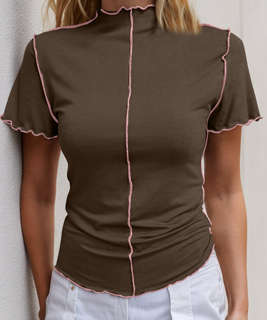 Basic Bae Contrast Trim Mock Neck Short Sleeve T-Shirt