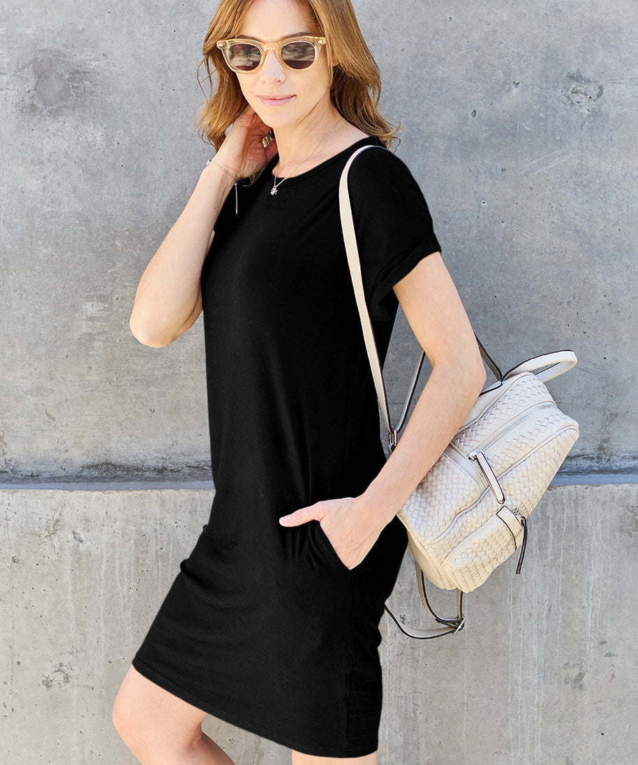 Basic Bae Bamboo Full Size Round Neck Short Sleeve Dress with Pockets