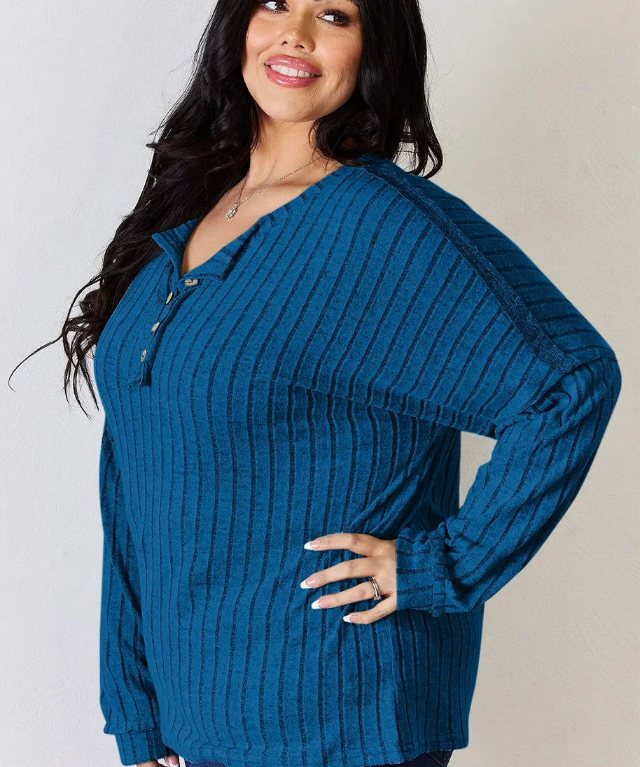 Basic Bae Full Size Ribbed Half Button Long Sleeve T-Shirt