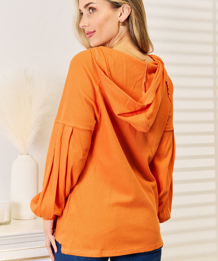 Basic Bae Side Slit Buttoned Waffle Knit Hoodie