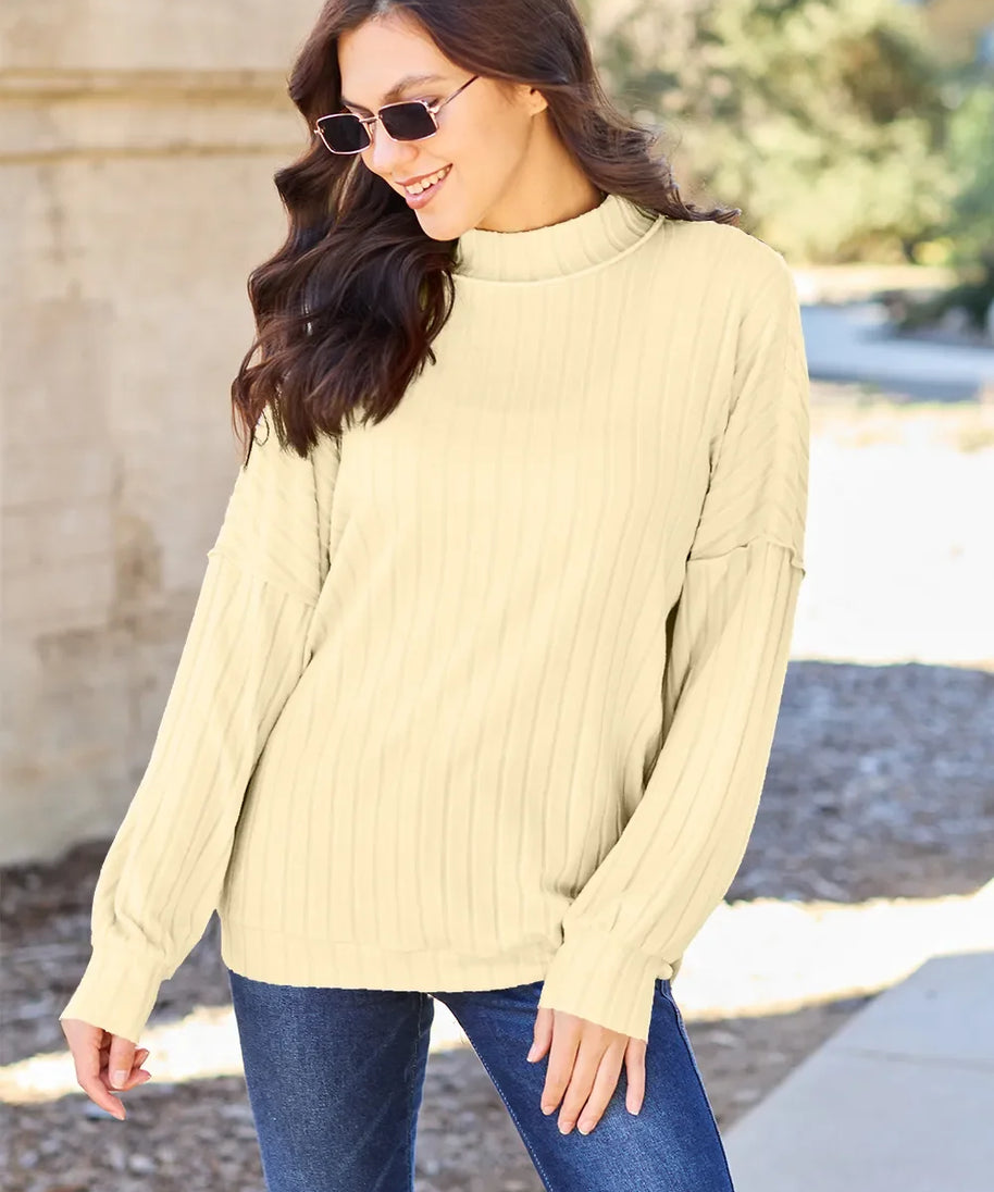 Basic Bae Full Size Ribbed Exposed Seam Mock Neck Knit Top