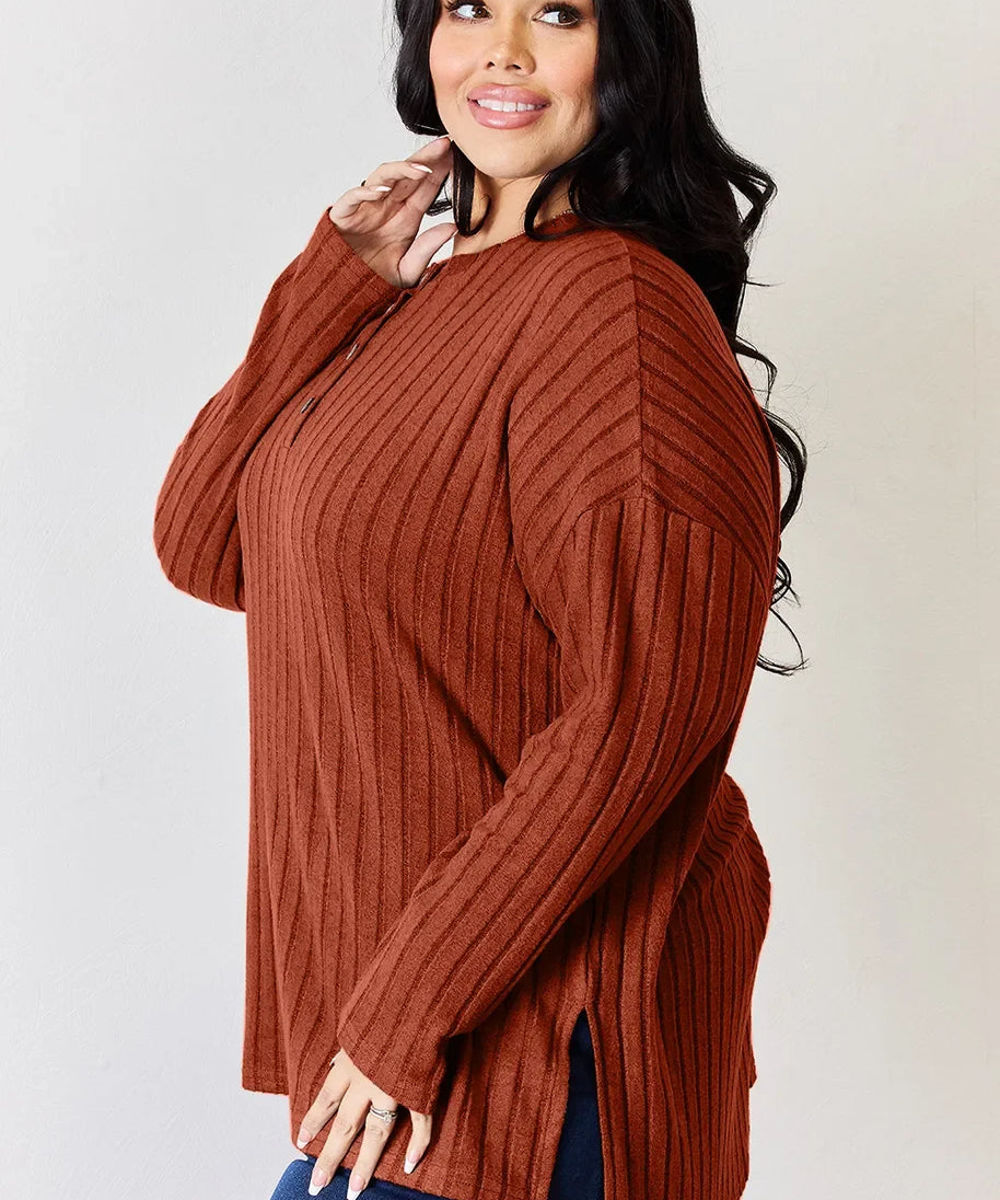 Basic Bae Full Size Ribbed Half Button Long Sleeve High-Low T-Shirt