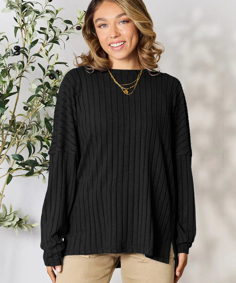 Basic Bae Full Size Ribbed Round Neck Slit Knit Top