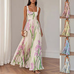 Women's Floral Print Pleated Midi Dress – Sleeveless A-Line High Waist Summer Dress S-3XL