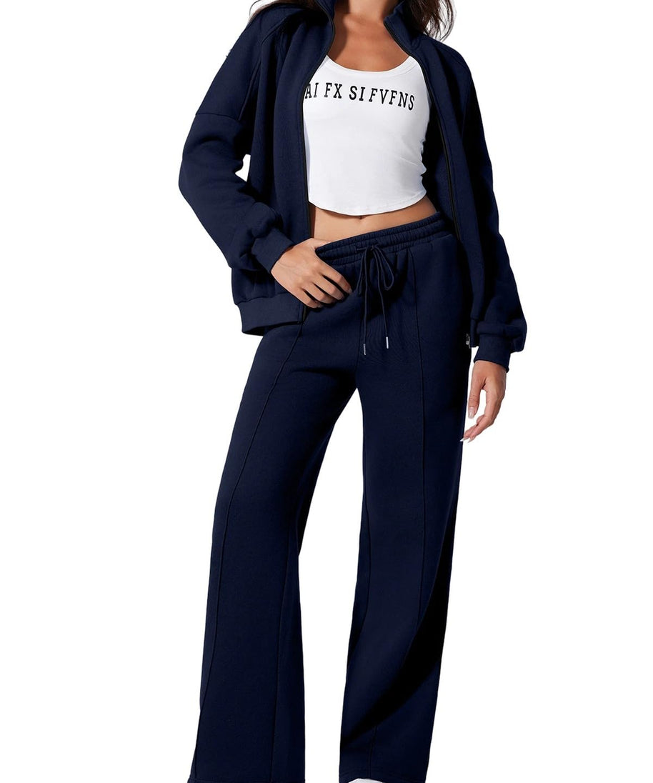 Aleumdr Matching Sets Women Clothing Two Piece Outfits Sweatsuit Tracksuits Sweat Sets Zip Up Jackets Fleece Lined Wide Leg Sweatpants 2024 Fall Athletic Travel Lounge Sets Blue 2XL