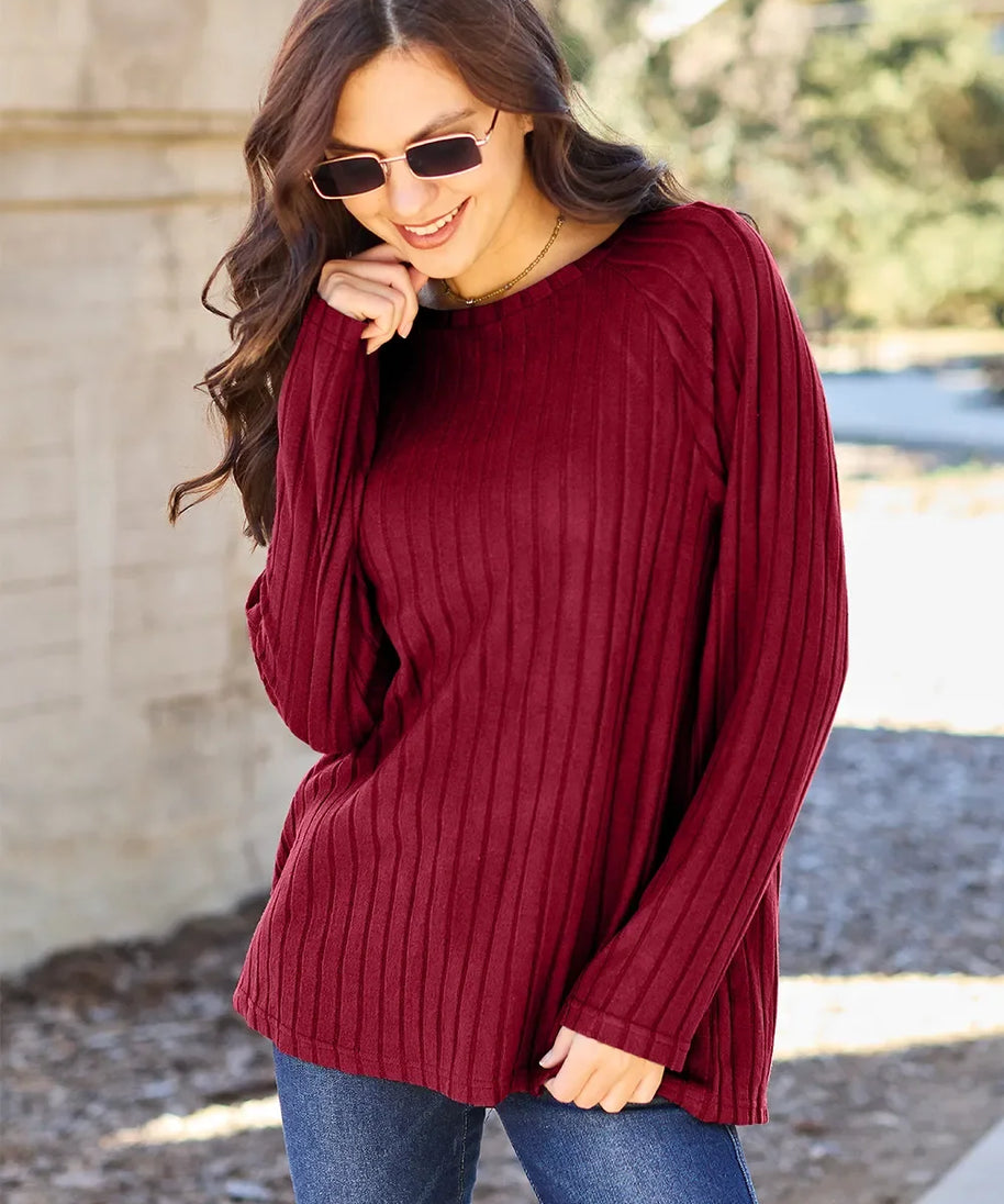 Basic Bae Full Size Ribbed Round Neck Long Sleeve Knit Top