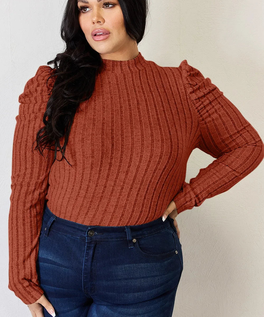 Basic Bae Full Size Ribbed Mock Neck Puff Sleeve T-Shirt