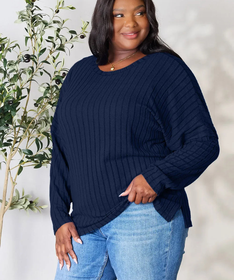 Basic Bae Full Size Ribbed Round Neck Slit Knit Top