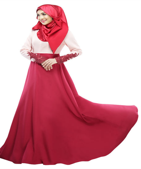 Stylish Color Block Muslim Long Dress with Lace Sleeves