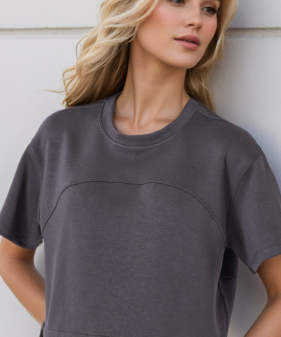 Basic Bae Drawstring Hem Air Scuba Round Neck Short Sleeve T-Shirt