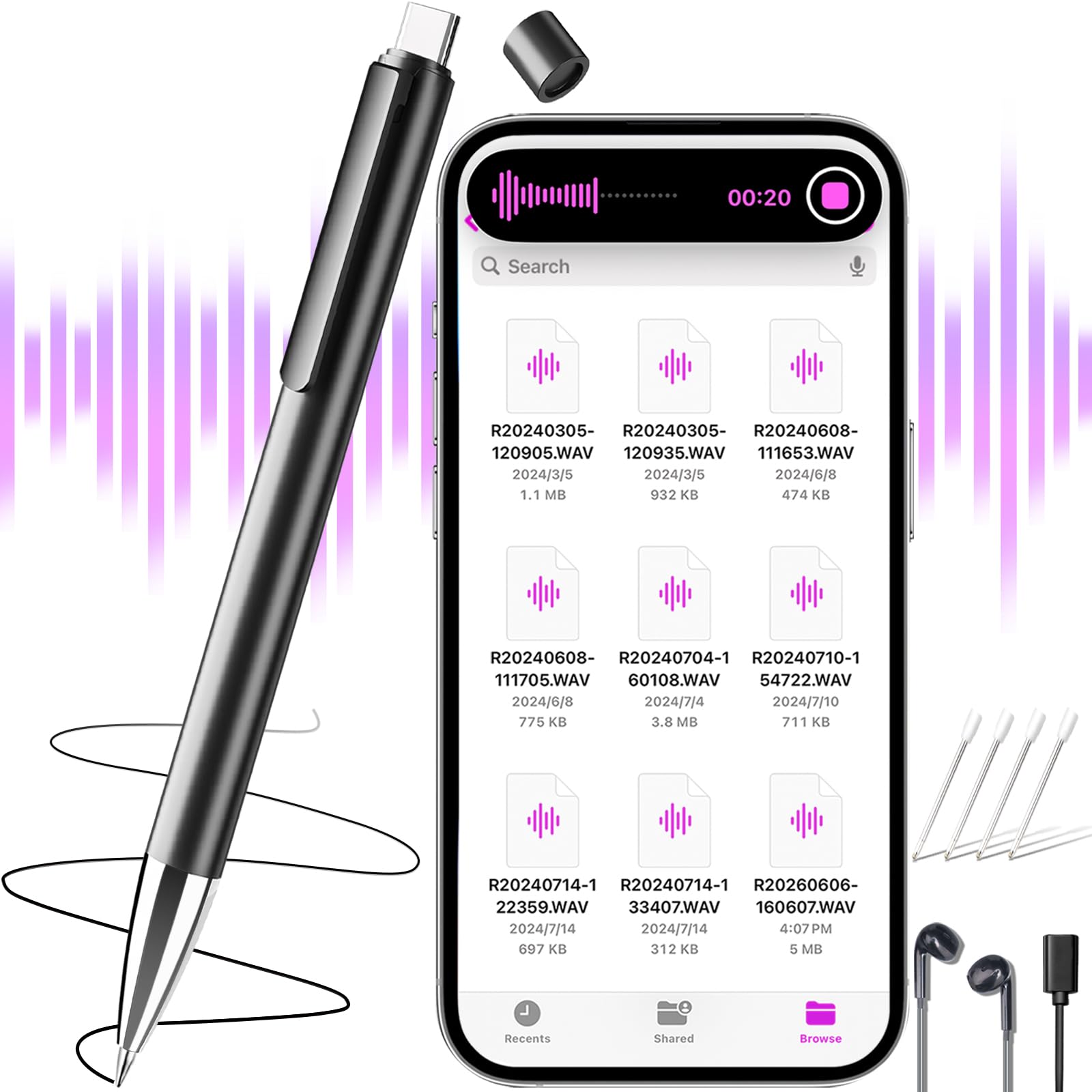 Voice Recorder 64GB(4400Hrs)Digital Voice Activated Recorder with PlaybackPortable Audio Recorder with Noice CancellingUSB-C Recording Device for Lectures Meetings Interviews