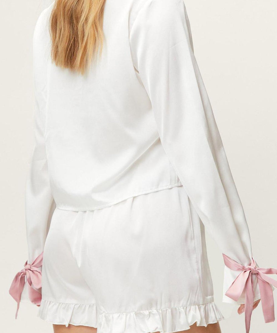 Basic Bae Tied Cuff Collared Neck Top and Frill Shorts Lounge Set