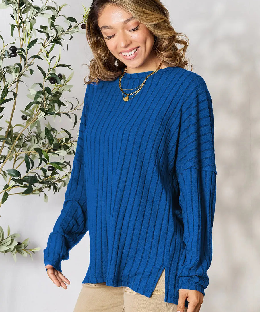 Basic Bae Full Size Ribbed Round Neck Slit Knit Top