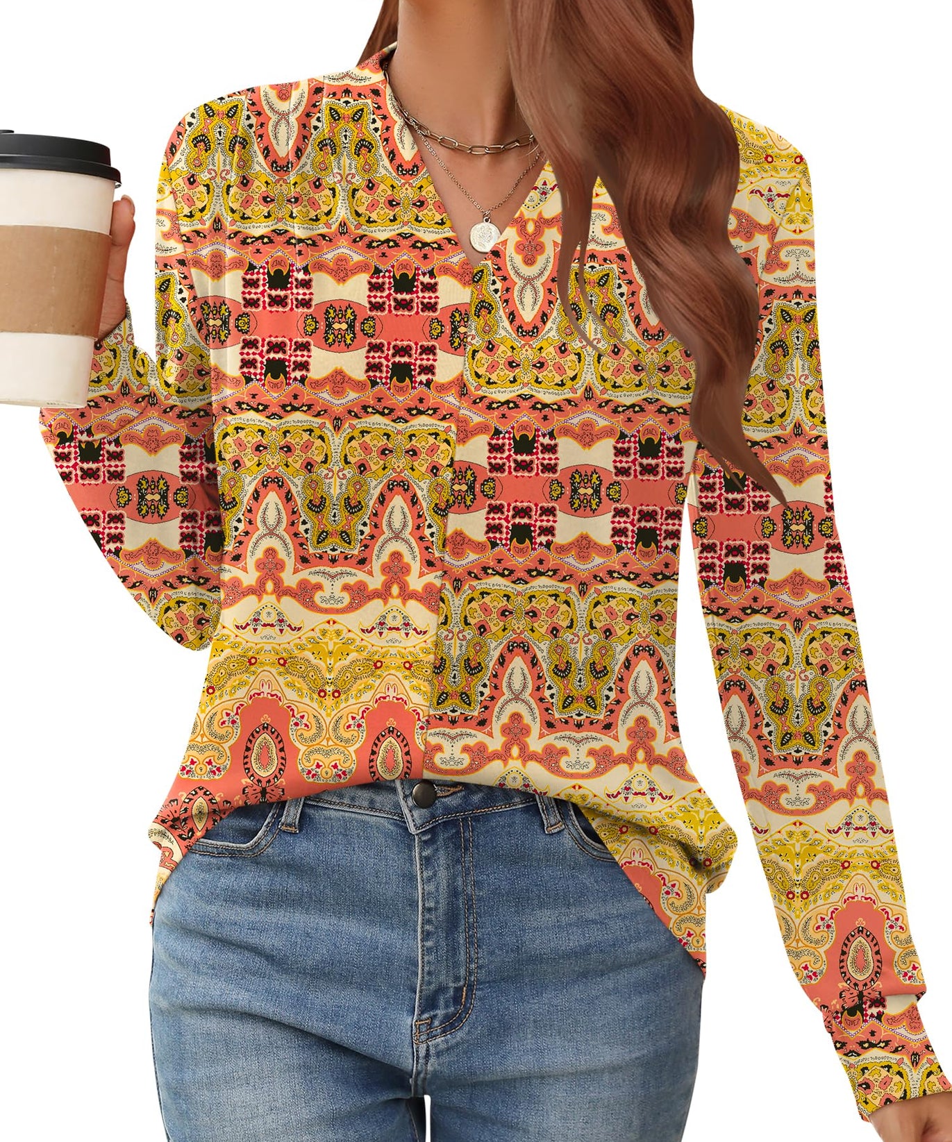 AKEWEI Womens Tops Trendy Going Out Business Casual Tops for Women Womens Clothing Long Sleeve V Neck T Shirts for Women Women Long Sleeve Blouses for Work Womens Tops Dressy Casual Fall 2024
