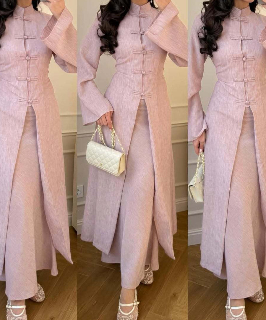 Chinese Frog Button Stand Collar Top & Wide-Leg Maxi Skirt Co-ord Set(MS483)