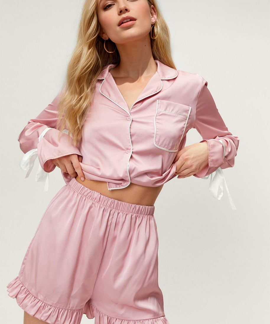 Basic Bae Tied Cuff Collared Neck Top and Frill Shorts Lounge Set