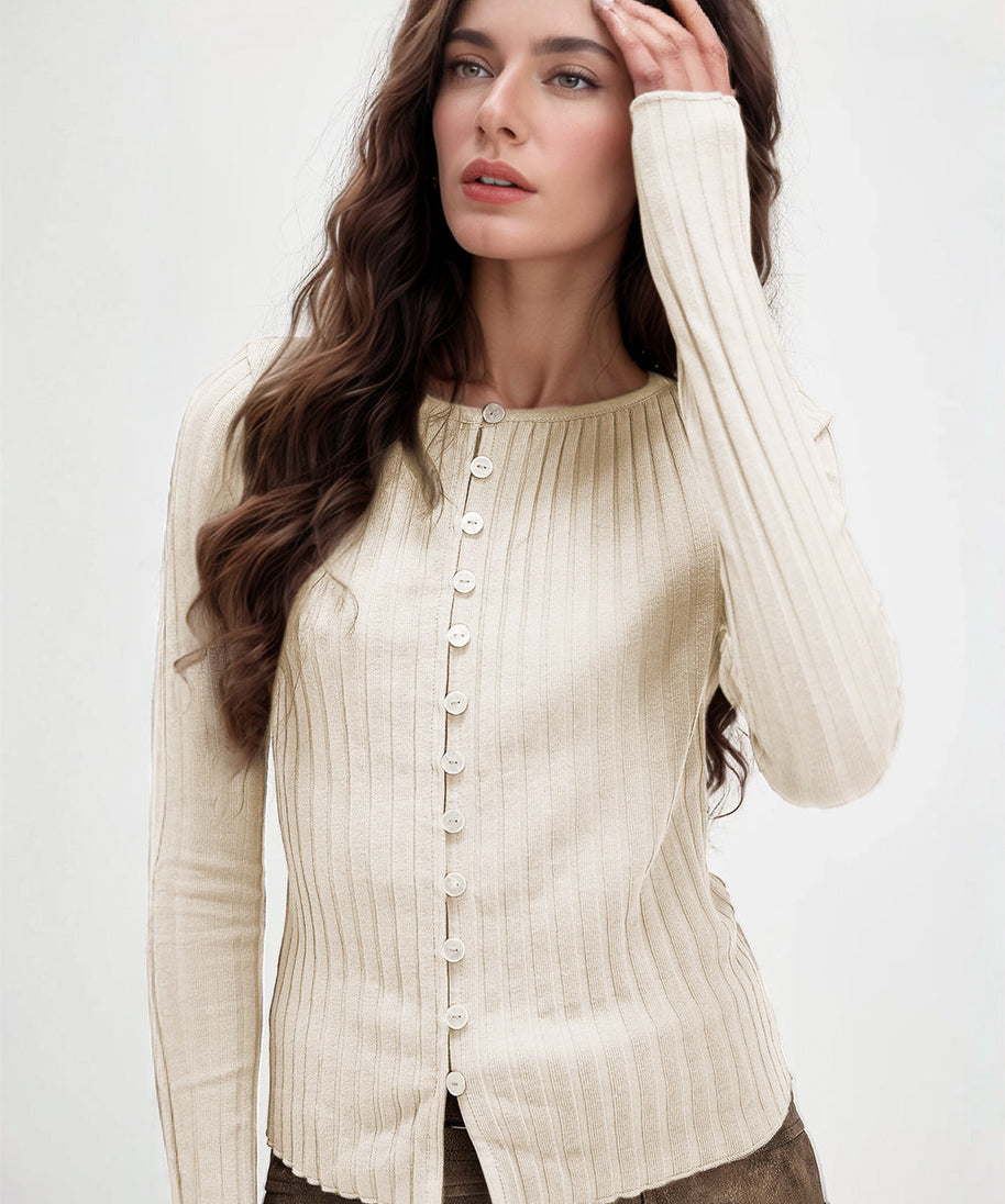 Basic Bae Texture Button Up Round Neck Long Sleeve Top