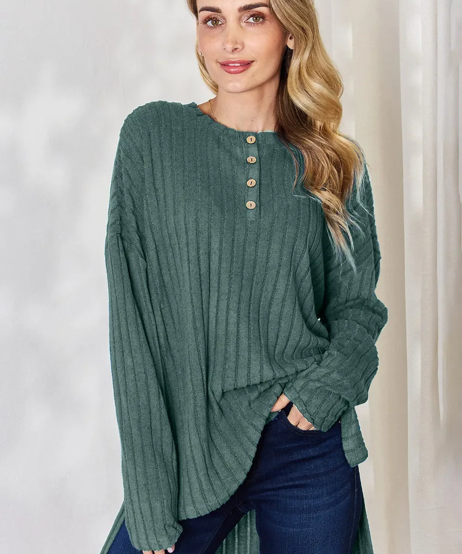 Basic Bae Full Size Ribbed Half Button Long Sleeve High-Low T-Shirt