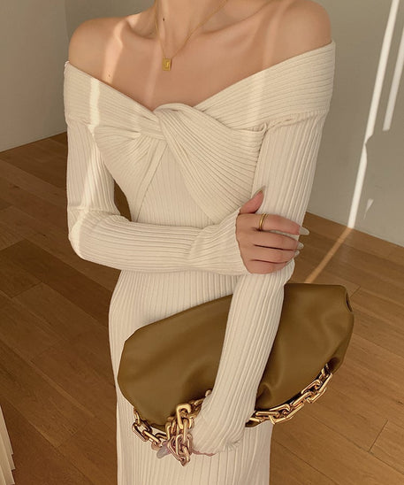 Elegant Knitted Cold-Shoulder High-End Dress