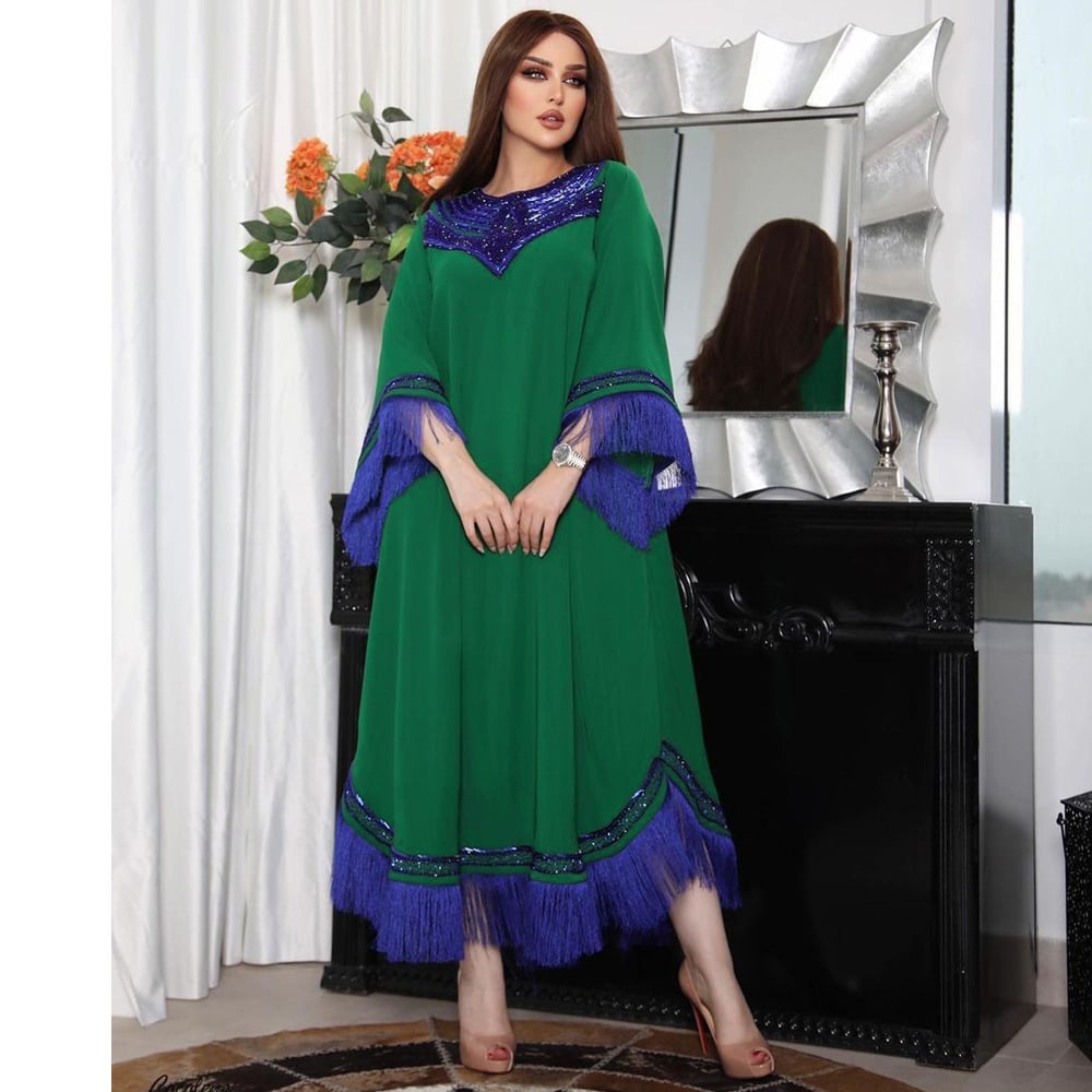 Morocco Women's Sequin Tassel Muslim Abaya Kaftan Dress