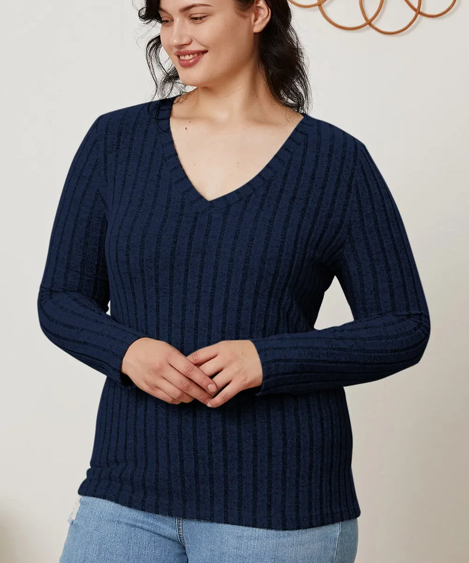 Basic Bae Full Size Ribbed V-Neck Long Sleeve T-Shirt