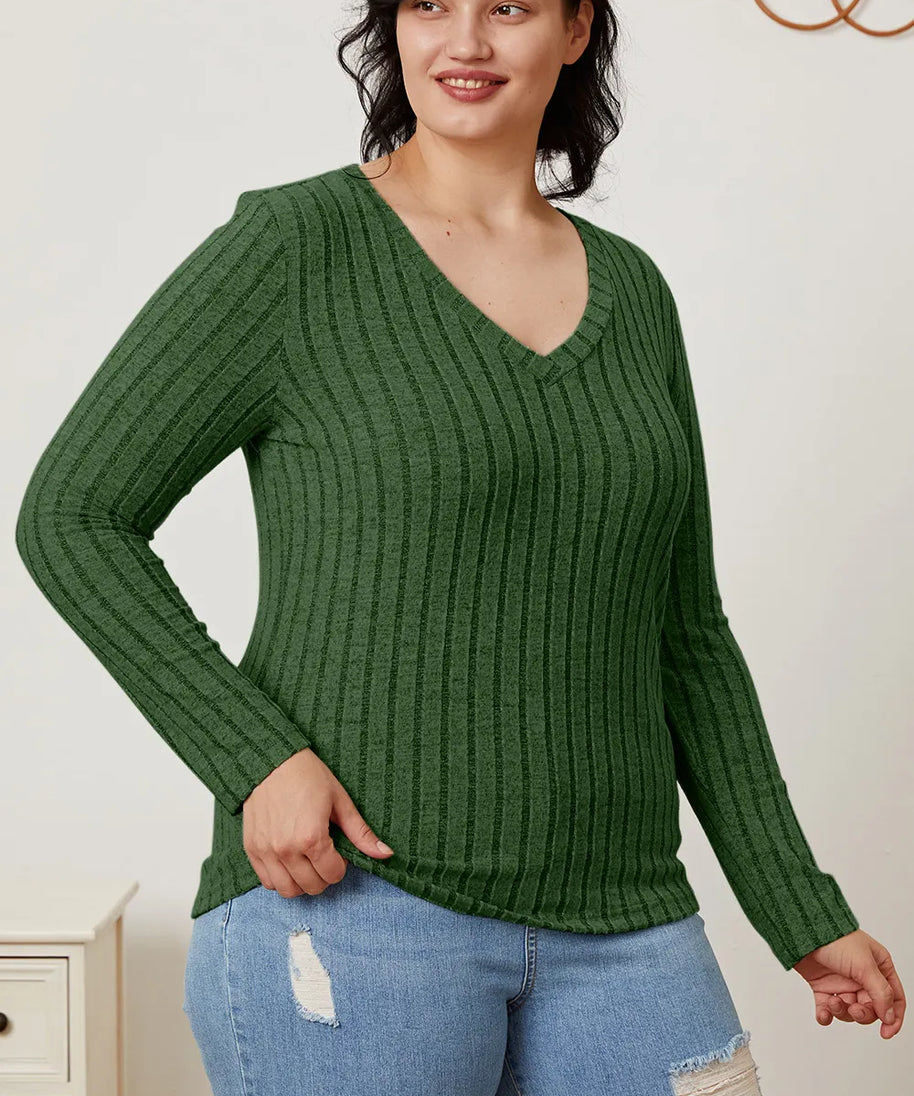 Basic Bae Full Size Ribbed V-Neck Long Sleeve T-Shirt