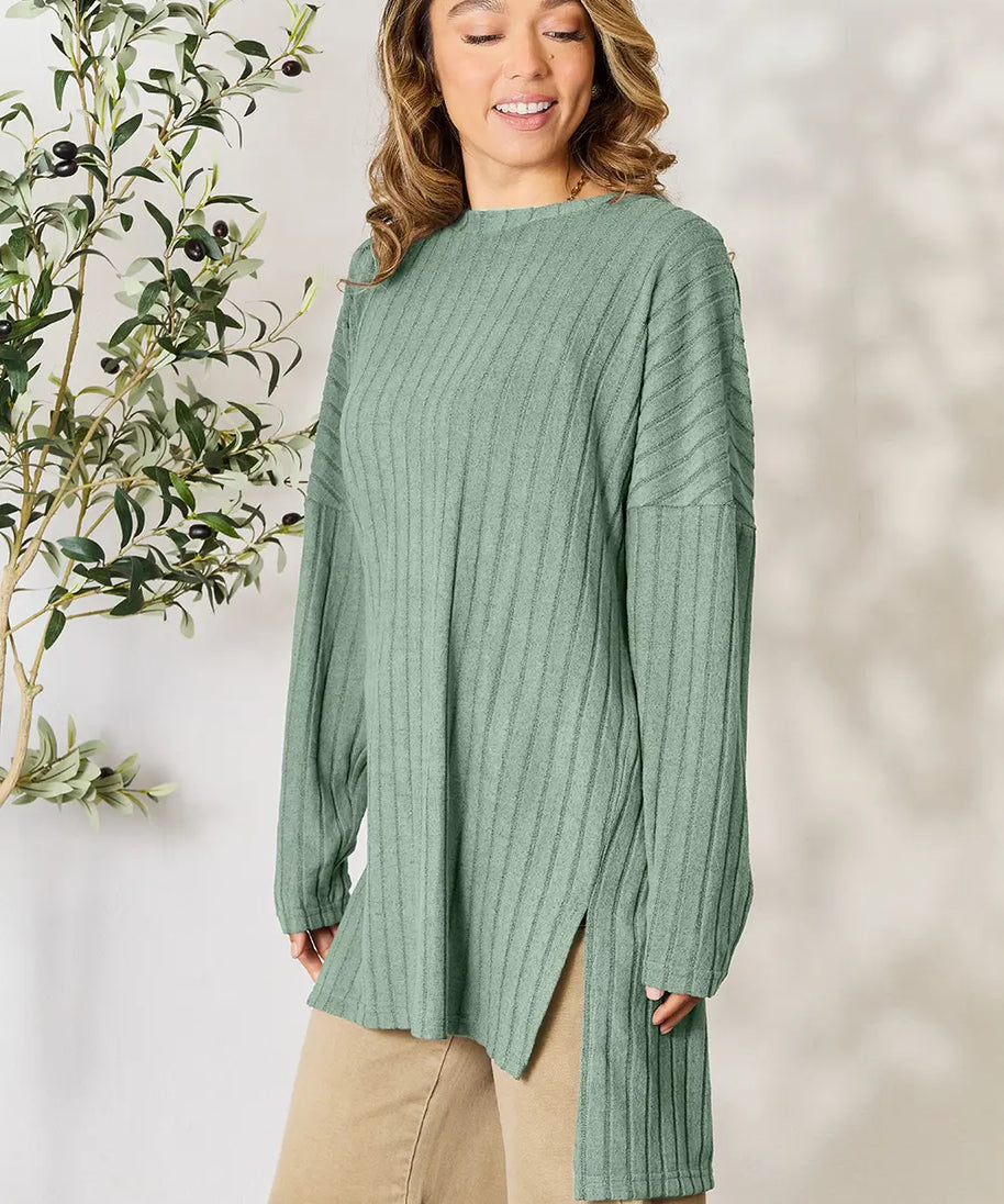 Basic Bae Full Size Ribbed Round Neck Long Sleeve Slit Top